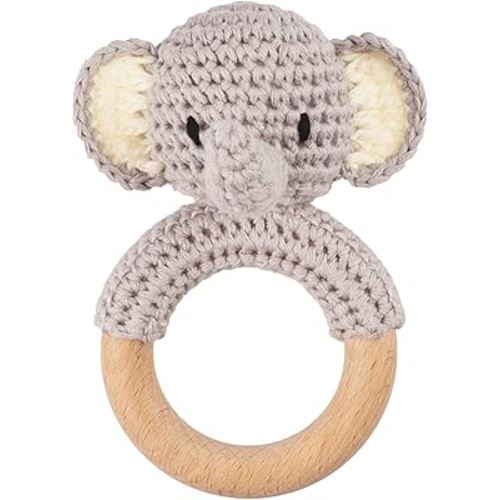 Joliecraft Safari Animals Wooden Baby Rattle Toys Stuffed Crochet Rattle with Teether Ring for Newborn, Gray Elephant