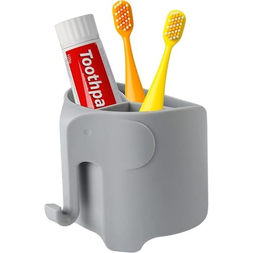 Elephant Toothbrush Holder for Toddler, Suction Cup Cute Toothbrush Holder for Kids, for Bathroom, with 3 Slots and 1 Hook, Grey