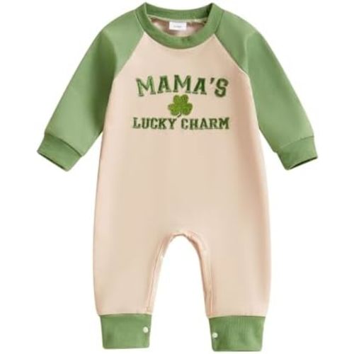Lamuusaa Newborn Baby Boy St. Patricks Day Outfit Long Sleeve Lucky Charm Embroidery Romper One Piece Jumpsuit 0-18M