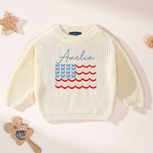 Personalized Embroidered American Baby Name Flag Sweater | Coquette 4th of July Outfit | Independence Day Sweater | Patriotic Baby Gift