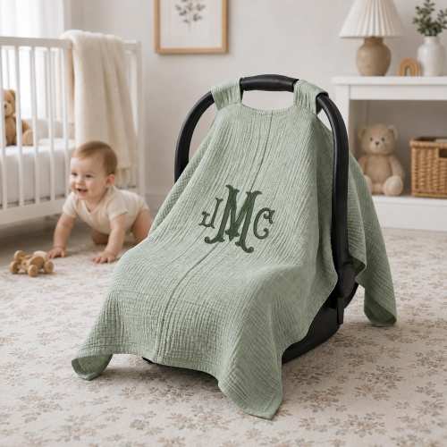 Embroidered Monogrammed Baby Car Seat Cover, Personalized Infant Canopy Cover, Baby Shower Gift for New Mom