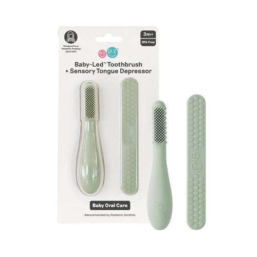 ezpz Baby-Led Toothbrush + Tongue Depressor Dual Pack (Sage) - 100% Silicone Toothbrush + Silicone/Stainless Steel Tongue Depressor - Helps Set-up Infants for a Healthy Oral Care Routine