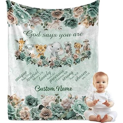 Personalized Baby Blanket with Name for Boy & Girl | Custom Flannel Fleece Throw for Nursery Decor, God Says You are Christian Gift with Safari Animals | Style 3