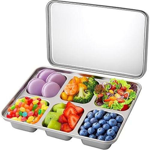 Palksky Toddler Meal Prep Containers with Lid – Stainless Steel 6-Compartment Snack Tray Containers for Toddlers Kids – Snack Boxes for Daycare, Home (1 Packs)