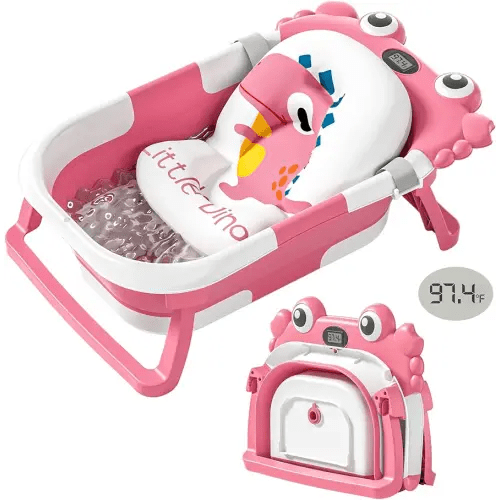 Collapsible Baby Bathtub for Newborns with Thermometer and Soft Floating Cushion Portable and Foldable Travel Baby Girl Bath Tub for Infants to Toddler 0-36 Month (Pink)