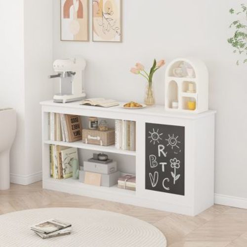 Whisen 3-in-1 Kids Bookshelf and Toy Storage Cabinet with Chalkboard, Dual Open Shelves - White
