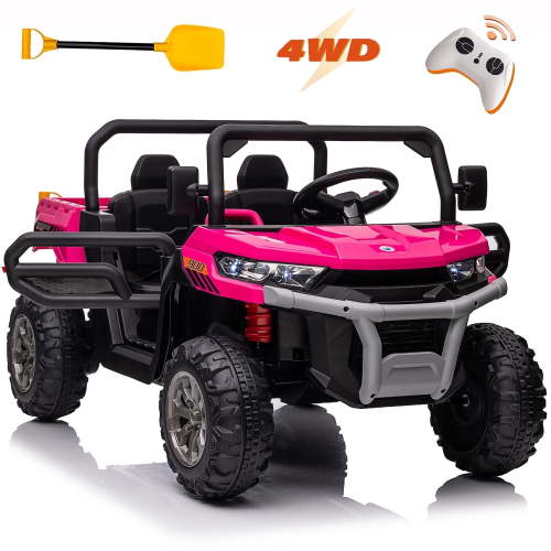 Funride 4WD 24V Kids Ride on Dump Truck with Remote Control, 2 Seater Power Car Wheels UTV Toys, Ride on Truck Car w/ Electric Dump Bed, Shovel, Bluetooth Music, Pink