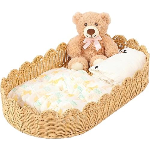 Tiangrid Handmade Scalloped Rattan Baby Changing Basket 30 x 16.5 x 5.1 Inch Changing Table Basket for Baby Dresser Extra High Sides Scallop Diaper Organizer for Nursery Decoration