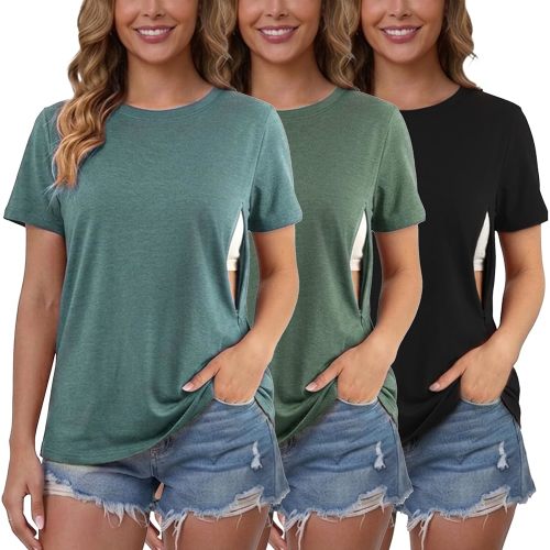 Ecavus Women's 3-Pack Nursing Shirts for Breastfeeding with Hidden Zippers Loose Fit Maternity Tops