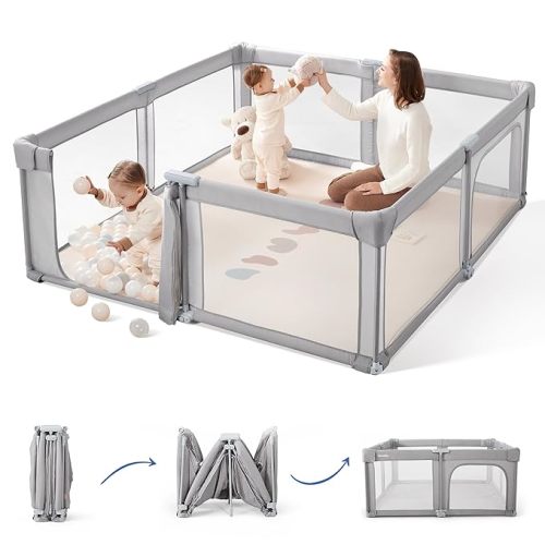 Sweeby Baby Playpen, 79x71 Inch Baby Gate Playpens for Babies and Toddlers, Extra Large Playpen with Door Play Yard for Fence Indoor and Outdoor Play Pen,Light Khaki