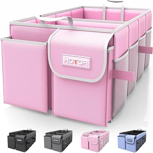 HOTOR Foldable Trunk Organizer - SUV & Sedan Compatible, 2 Compartments, Pink, 23.6"14.2"10.6" Sturdy Car Organization for Accessories, Tools, Sundries