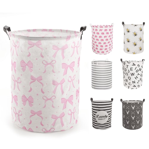 Sortora Large Laundry Basket, Waterproof Canvas Laundry Hamper, Collapsible Storage Basket Bin for Kids Room, Toy Organizer, Nursery Hamper, Clothes Hamper, Bow