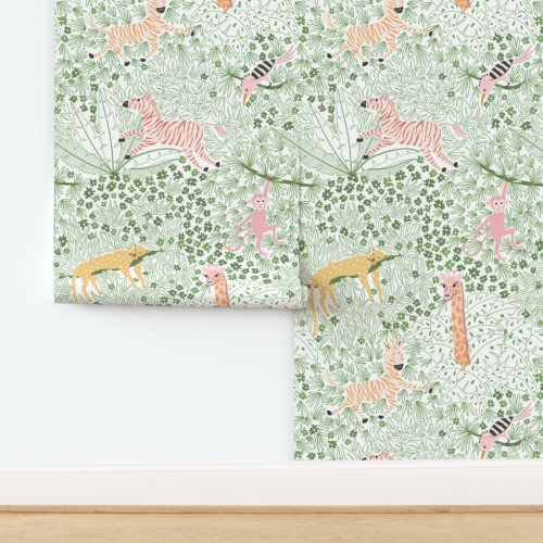 Wallpaper in Whimsical safari - green and peach - jumbo