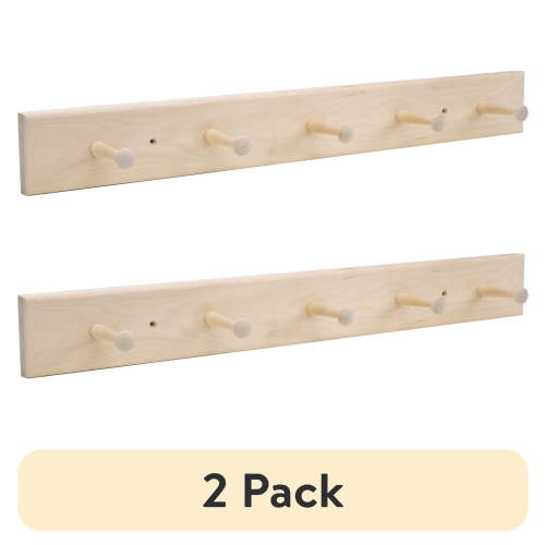 (2 pack) Mainstays 27 in. Wall Mounted Unfinished Acacia Wood Hook Rack, 5 Pegs