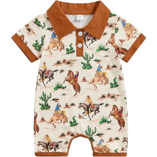 Lesimsam Newborn Baby Boy Western Clothes Cow/Horse Print Romper Jumpsuit Short Sleeve Button Up Collared Bodysuit Outfit