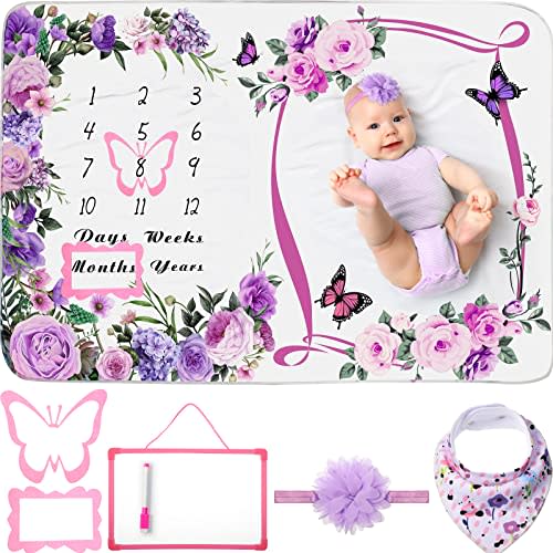 Chumia 6 Pcs Baby Monthly Milestone Blanket for Girl 60" x 40" Butterfly Milestone Blanket Age Photo Photography Backdrop with Newborn Calendar Growth Chart Bib Headband(Purple,Floral Pattern)