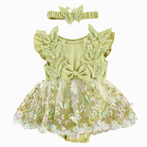 TAmten 3 Month Baby Girl Clothes Newborn Baby Girl 1st Birthday Outfit Floral Lace Tulle Romper Tutu Dress Cake Smash Princess Boho Clothes Photo Shoot(Green,3-6 Months)