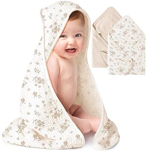 Konssy 2-Pack Muslin Hooded Baby Towels, 100% Cotton, Ultra-Soft & Absorbent Baby Bath Towels with Hood for Newborn & Infant (Pink, Floral,32" x 32")