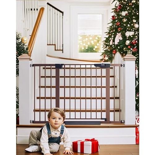 Cumbor 29.7-48" Baby Gate for Stairs, Mom's Choice Awards Winner-Dog Gate for Doorways, Auto Close Safety Pet Gate for Dogs Indoor, Easy Install Pressure Mounted Child Gate with Walk Thru Door, Brown