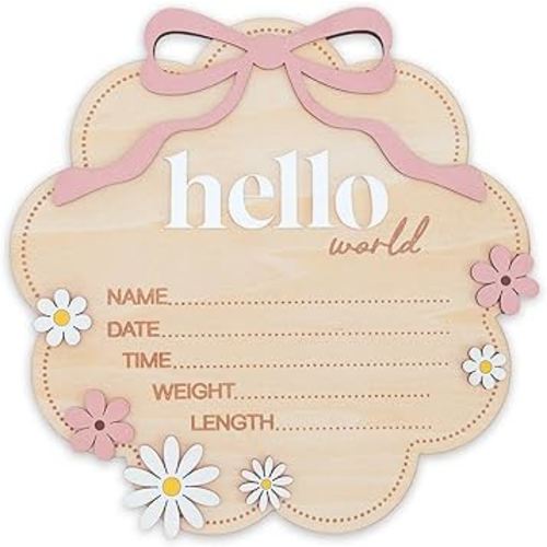 Hello World Wooden Baby Birth Announcement Sign with Pink Bow, Cloud Shape Floral Newborn Name Date Time Weight Length Board, Baby Girl Nursery Photo Prop (Light Pink)