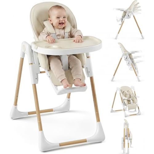 Baby High Chair, Convertible Folding Highchair with Dishwasher-Safe Tray, 6 Adjustable Heights, 5-Point Harness, Portable Dining High Chairs for Babies and Toddlers (Wood Grain+Beige)
