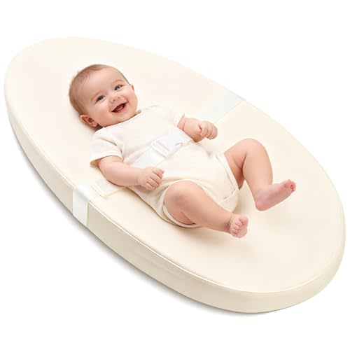 Qalvyn Baby Changing Pad for Dresser, with Wipeable Waterproof PU Cover, Contoured Diaper Changing Pad with Non-Slip Safety Belt, Portable Lightweight Changing Mat with Cushioned Foam, Beige