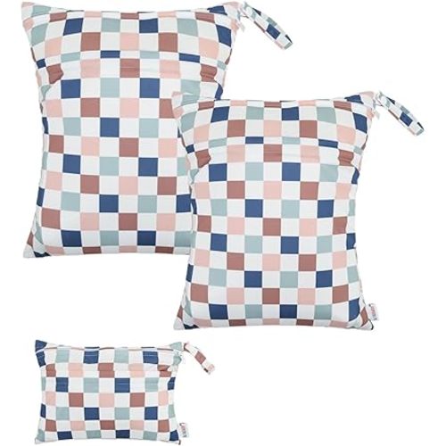 ALVABABY 3 pcs Cloth Diaper Wet Dry Bags Waterproof Reusable with Two Zippered Pockets Travel Beach Pool Daycare Soiled Baby Items Yoga Gym Bag for Swimsuits or Wet Clothes Small Medium Large 3L-SML13