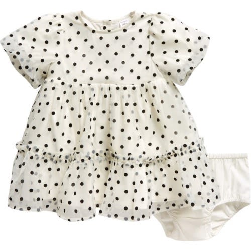 Baby Polka Dot Puff Sleeve Tiered Party Dress & Bloomers Set, 9M, Ivory Egret Duck Dot