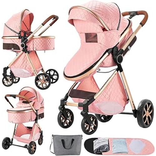 2 in 1 Baby Stroller, Convertible Foldable Standard Stroller, Reversible Pushchair Infant Buggy Carriage, Portable High Landscape Pram for Toddler Newborn, Aluminum Alloy (225 Pink)
