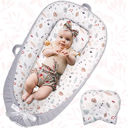 Uaugh Baby Lounger with Pillow, 100% Breathable Soft Cotton Baby Nest, Perfect for Tummy Time, Portable & Adjustable Infant Floor Seat for Travel | Newborn Gift Essential, for 0-9 Months Baby (Leaves)