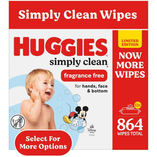 Huggies Simply Clean Unscented Baby Wipes, 12 Flip-Top Packs, 864 Total Count (Select for More)