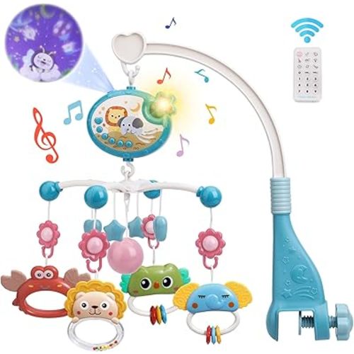 Mini Tudou Crib Mobile with Music and Lights,Baby Mobile for Crib with Hanging Rotating Rattle Toy,Star Projection,400 Lullabies and Timing Function,Remote Control Baby Crib Mobile for Boys Girls