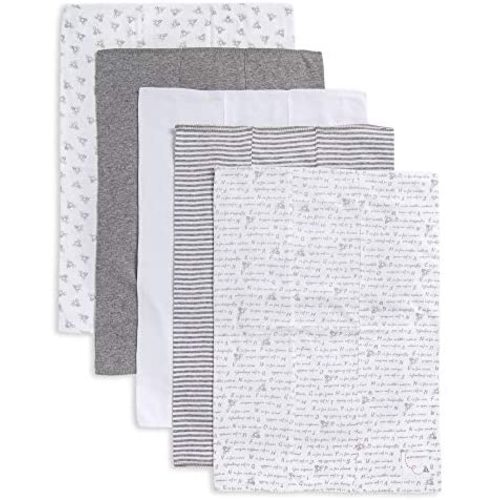 Burt's Bees Baby - 5 Pack of Burp Cloths, 100% Organic Cotton (1 Cloud, 1 Solid Color, 1 Honey Bee Print, 1 Stripe, 1 Alphabet Bee Print, Heather Grey)