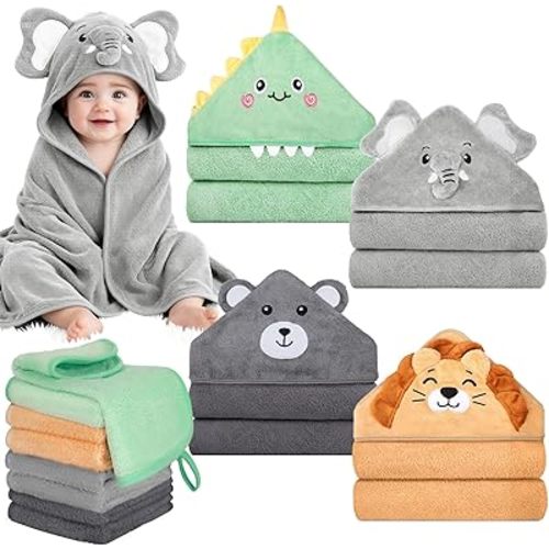 CandyHome 12 PCS Baby Bath Towels Set for Infants Toddlers, 4 PCS Animal Hooded Baby Towels & 8 PCS Washcloths Set, Ultra Absorbent Cute Soft Newborn Bath Essentials Gifts for Boys & Girls