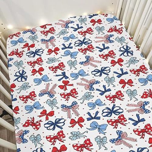 American Flag Bows Stars Baby Crib Sheets for Boy Girl 52"x28" Patriotic Ribbons Soft Snug Fitted Crib Mattress Cover Cute 4th of July Bows Nursery Baby Sheet for Standard Crib & Toddler Bed Mattress
