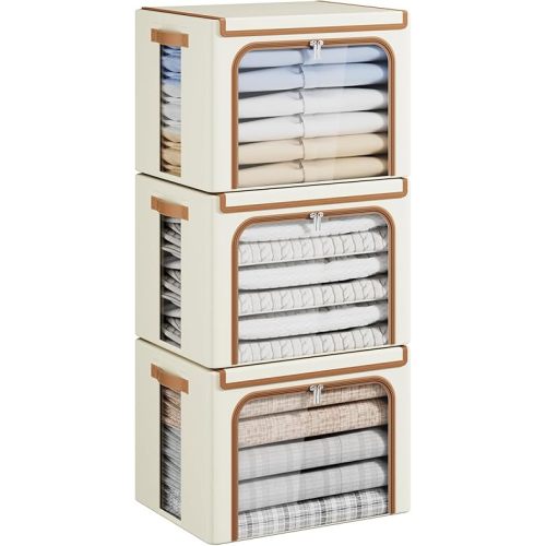 Yecaye Clothes Storage Bins with Metal Frame, Foldable Clothing Storage Bin with Lid, Stackable Oxford Fabric Organizer Box With Clear Window & Zippers & PU Leather Handles (3 Pack,Beige,40L)