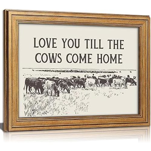 Vintage Gold Framed Cow Wall Art Western Cowboy Country Landscape Painting Canvas Prints Romantic Quotes Family Love Picture Wall Decor Rustic Farmhouse Poster Artwork for Living Room Bedroom Decor