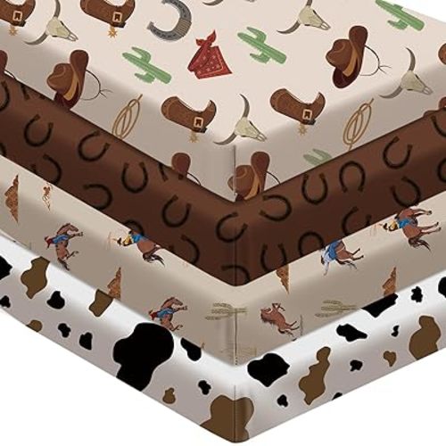 4 Pcs Western Crib Sheets Set 52'' x 28'' x 8'' Newborn Nursery Cowboy Crib Sheets for Standard Crib Toddler Mattress Bedding Sheet Breathable Crib Sheet for Boys Baby Gifts