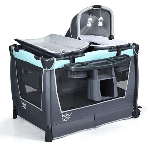 BABY JOY 4 in 1 Portable Baby Playard with Bassinet, Changing Table, Foldable Bassinet Bed & Activity Center, Newborn Napper with Toys & Music, Large Capacity Storage Shelf, Oxford Carry Bag (Green)