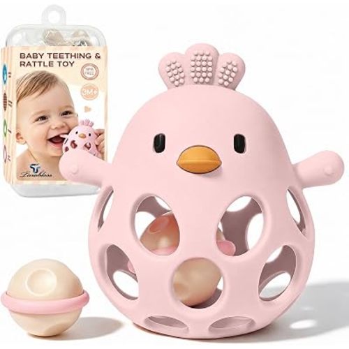 Tinabless Baby Teether Rattle Toys, 2-in-1 Easy Grip Silicone Teething for Babies 3-12 Months, BPA-Free Sensory Chew Toy for Sore Gums, Infant Gift (Pink w/Rattle)