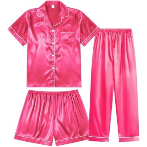 3 Piece Silk Satin Pajama Set for Women Soft Button Down Pjs