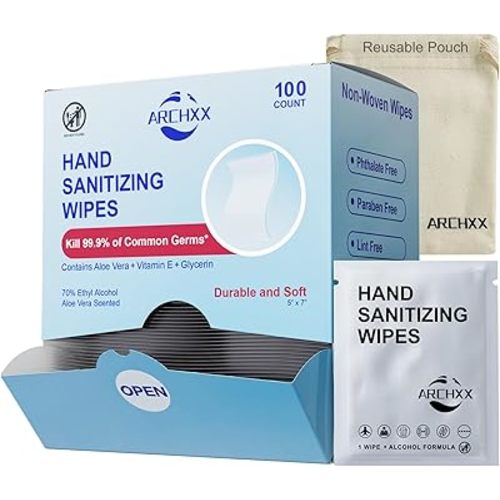 ARCHXX Cotton-Like Softness Hand Sanitizer Wipes, 100 Count, Antibacterial Hand Wipes Individually Wrapped, 70% Alcohol, Travel Size, Sanitizing for Home, Office & Outdoor, Aloe Vera Scent