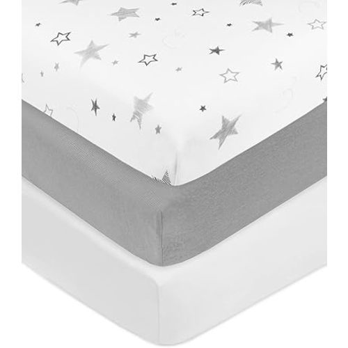 American Baby Company 3 Pack 100% Natural Cotton Fitted Crib Sheets 52" x 28" - Soft, Breathable, Hypoallergenic & Gentle Toddler Bed Sheets, Super Stars/Gray/White, Neutral for Boys & Girls