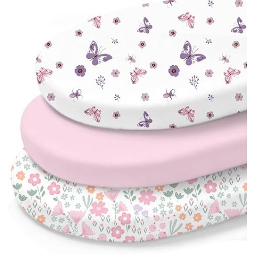Little Grape Land Bassinet Sheet, 3 Pack Bassinet Sheets for Baby Boys Girls, Soft Baby Bassinet Fitted Sheets for Bassinet Mattress, Size 33 x 18 x 4 Inches, Floral/Pink/Butterfly