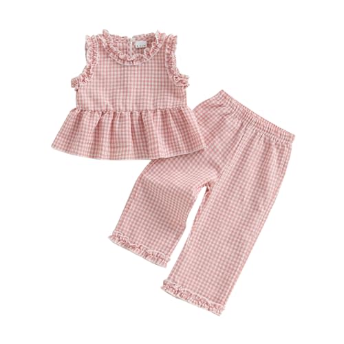 GOOCHEER Toddler Girl Clothes Baby Summer Outfit Plaid Ruffle Sleeveless Vest Tank Tops Pants Set 12 18 24 Month 2T 3T 4T