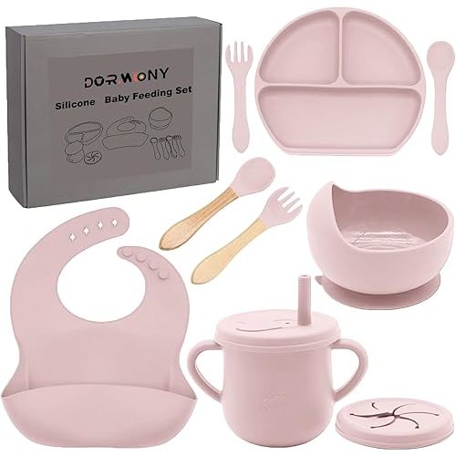 100% Silicone baby feeding set,BPA free Baby dishes set with Suction Bowl Divided Plate,Toddler Self Feeding Dish Set with Spoons Forks Sippy Cup And Bib, Baby Eating Utensils (Lilac)