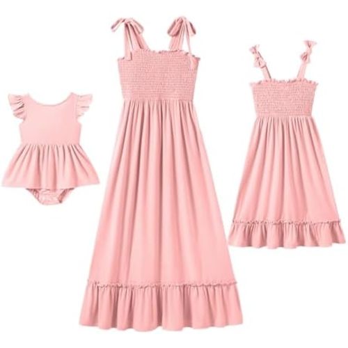 IFFEI Mommy and Me Dresses Summer Matching Outfits Spaghetti Strap Square Neck Ruffle A Line Beach Long Maxi Dress