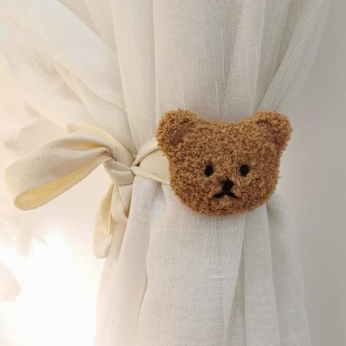 2 Pack Cute Curtain Tiebacks Cartoon Bears Embroidered Animal Shape Bedroom Accessories(Beige)