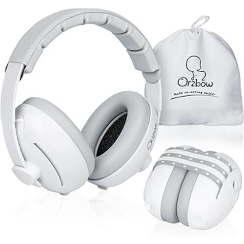 Orzbow 2-in-1 Baby Ear Muffs Noise Protection, Noise Cancelling Headphones for Babies up to 48 Months, Adjustable Infant Ear Protection with Non-Slip Band for Airplane Travel Sleep, White
