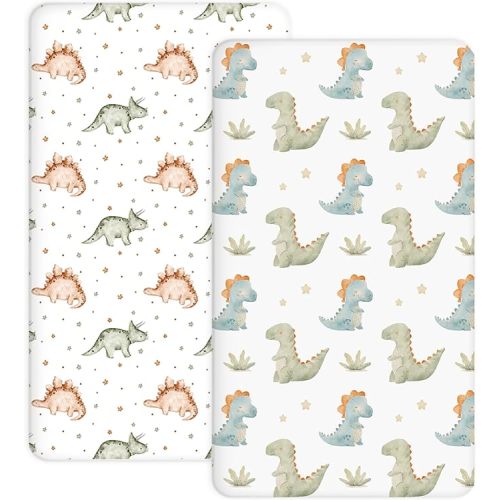 Pack and Play Sheets 2 Pack, Fitted Jersey Knit Mini Crib Sheets for Baby Boys and Girls, Compatible with Graco Pack N Play and Mini Crib Mattress (Tiny Dinos, Pack N Play/Mini Crib Sheets)